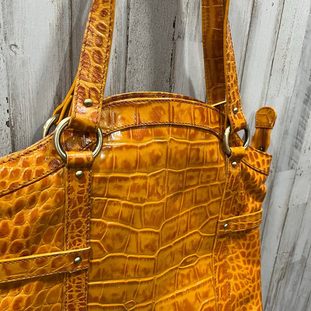 Michael Rome Designs Crocc Embossed Large Orange Leather Pockets Shoulder Bag - Picture 3 of 11